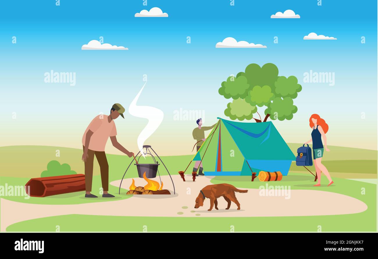 A Team of friends preparing to settle outdoors on a camp Stock Vector
