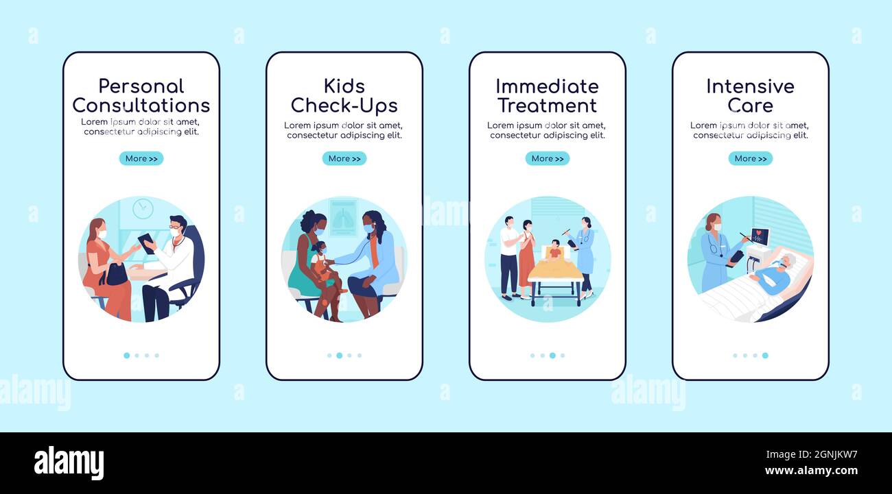 Hospital treatment onboarding mobile app screen flat vector template ...