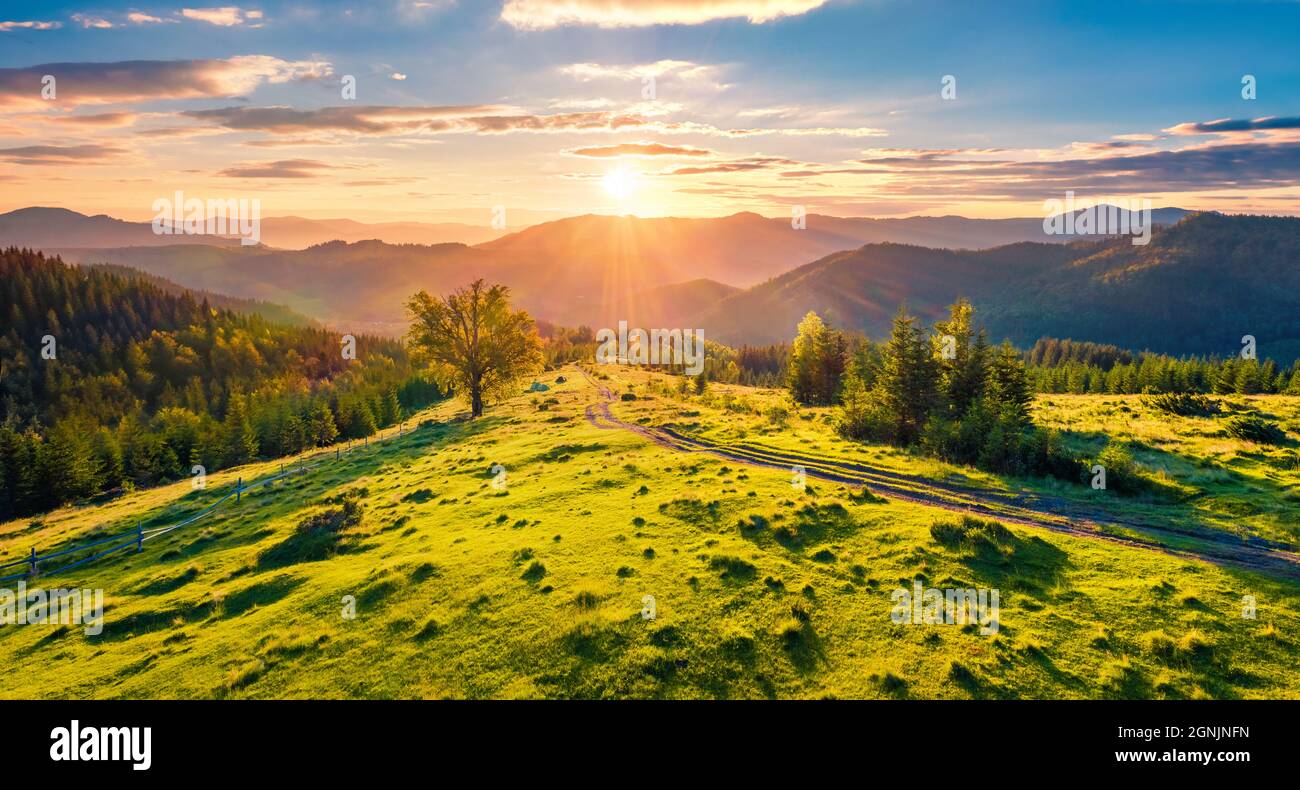 View from flying drone of mountain valley with old country road. Fabulous summer scene of Carpathian mountains, Dzembronya village location, Ukraine, Stock Photo