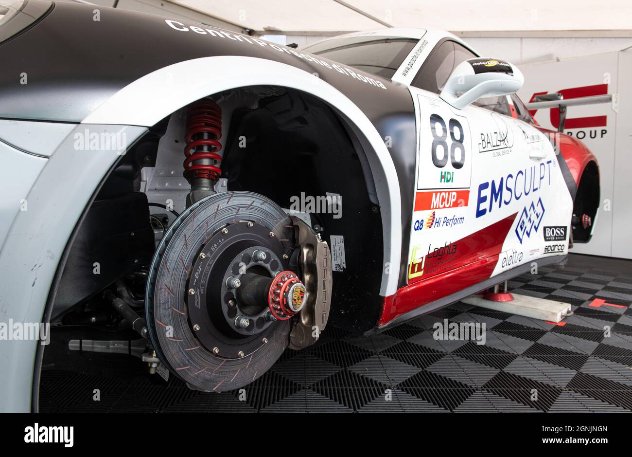 Vallelunga, italy september 19th 2021 Aci racing weekend. Unmounted tire on race car Porsche visible brake mechanical part calliper and disc Stock Photo
