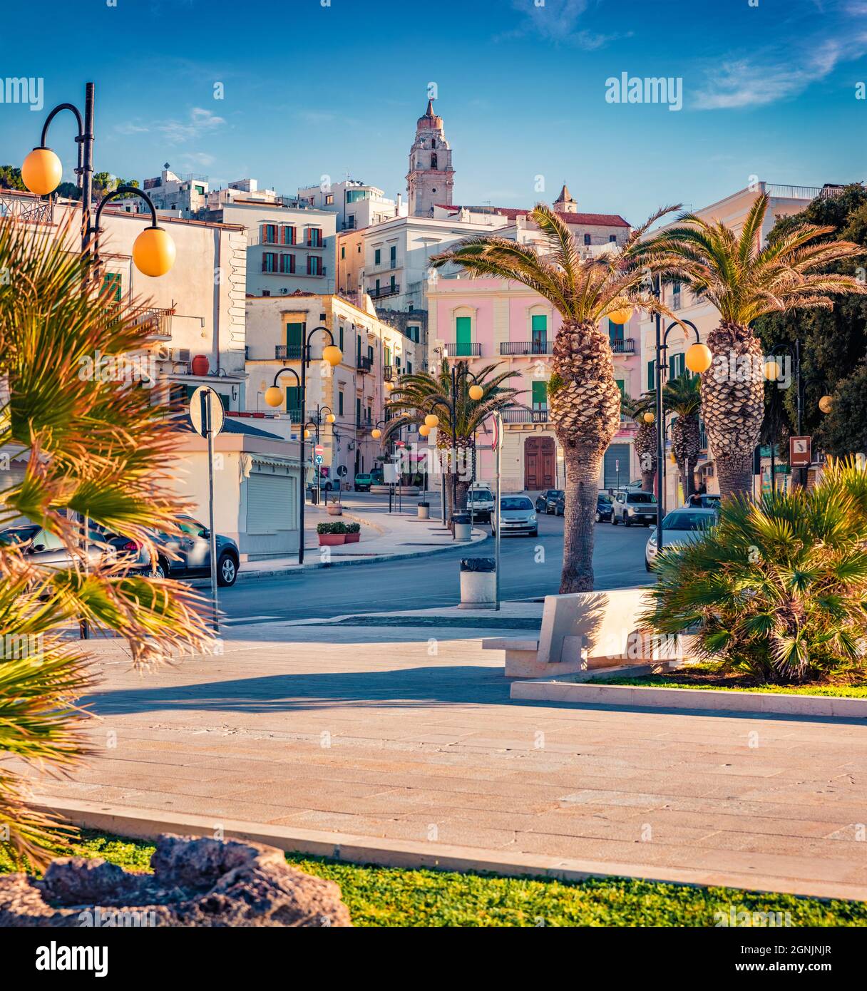 Impressive morning view of central park of Vieste town. Romantic summer