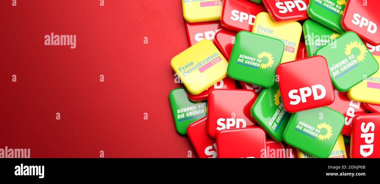 Logos of the German political parties SPD, Die Grünen, FDP who could be forming the so called traffic light coalition in the Bundestag election. Copy Stock Photo