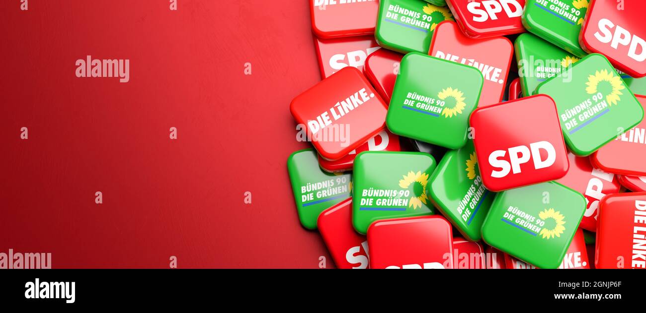 Logos of the German political parties SPD, Die Grünen, Die Linke who could be forming the so called red red green coalition in the Bundestag election. Stock Photo