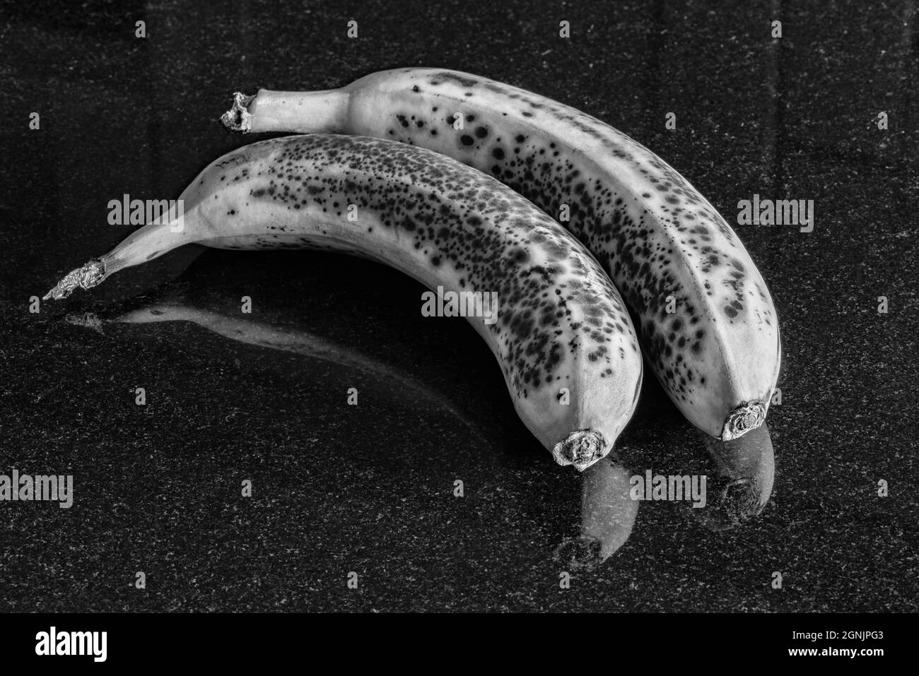 Over-ripe pair pf bananas with dark spotting on the skins Stock Photo