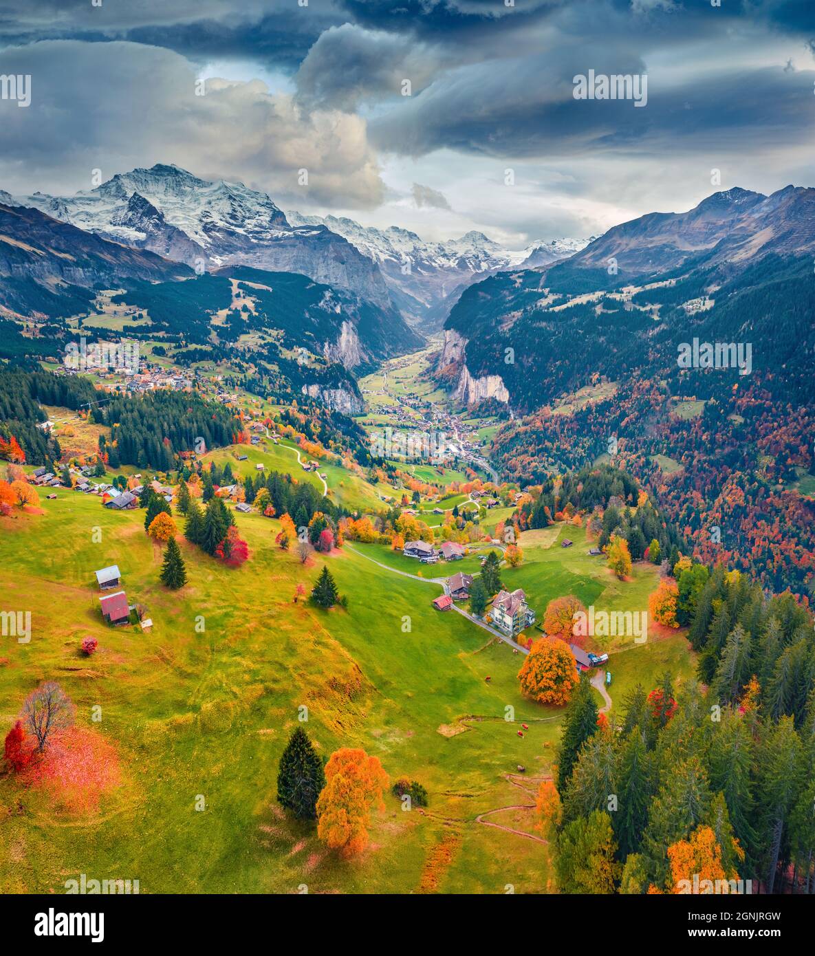View from flying drone of Wengen village, district of Lauterbrunnen ...