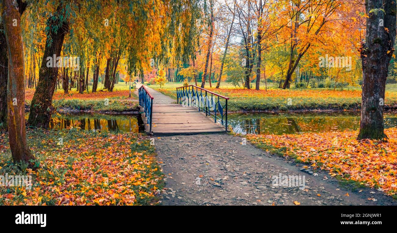 Landscape photography. Calp autumn scene of citypark. Wooden bridge over small river. Colorful morning view of town square. Beauty of nature concept b Stock Photo