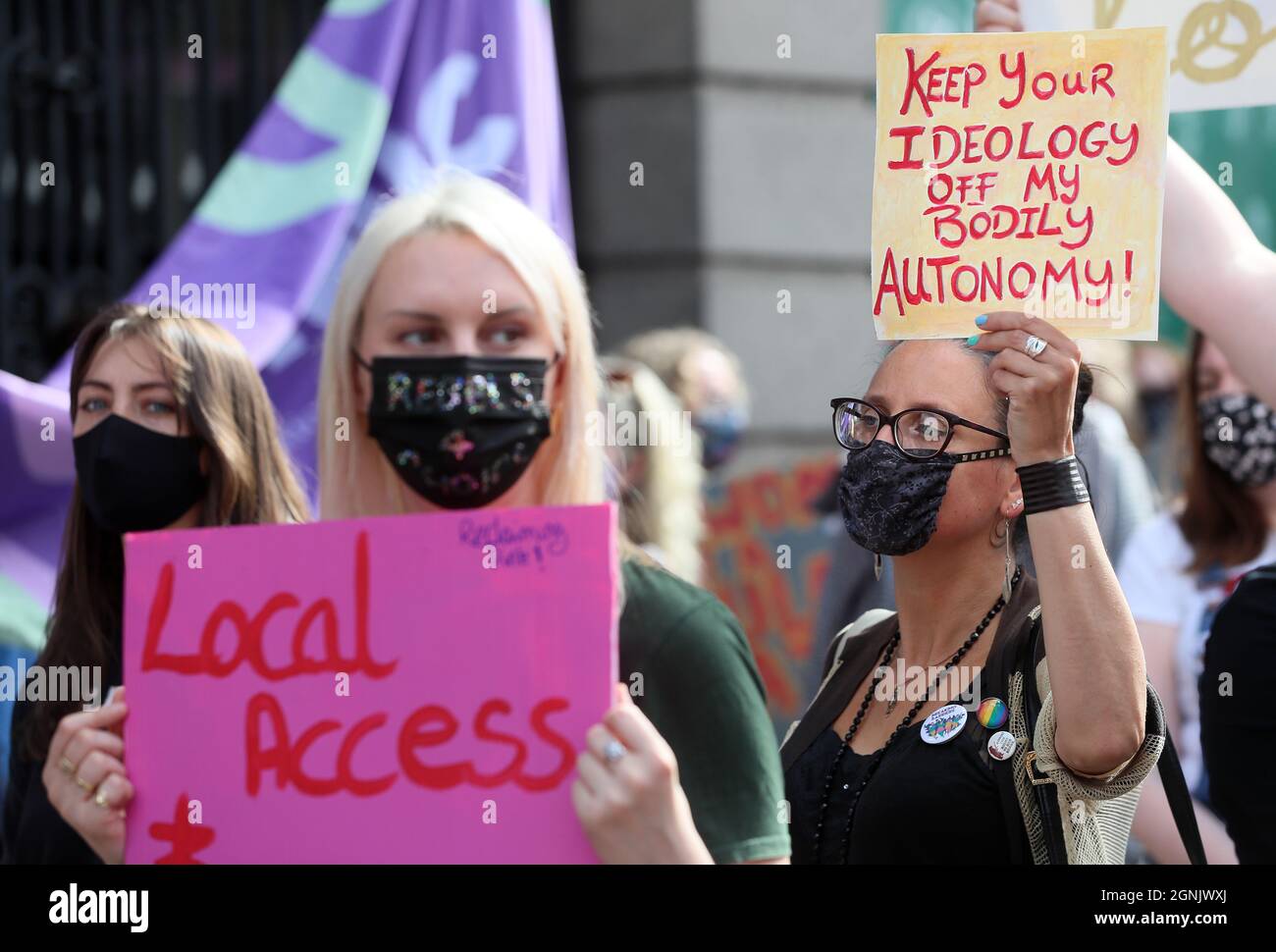 People attend the 10th Annual March for Choice abortion rights protest outside Leinster House, Dublin. Picture date: Saturday September 25, 2021. Stock Photo