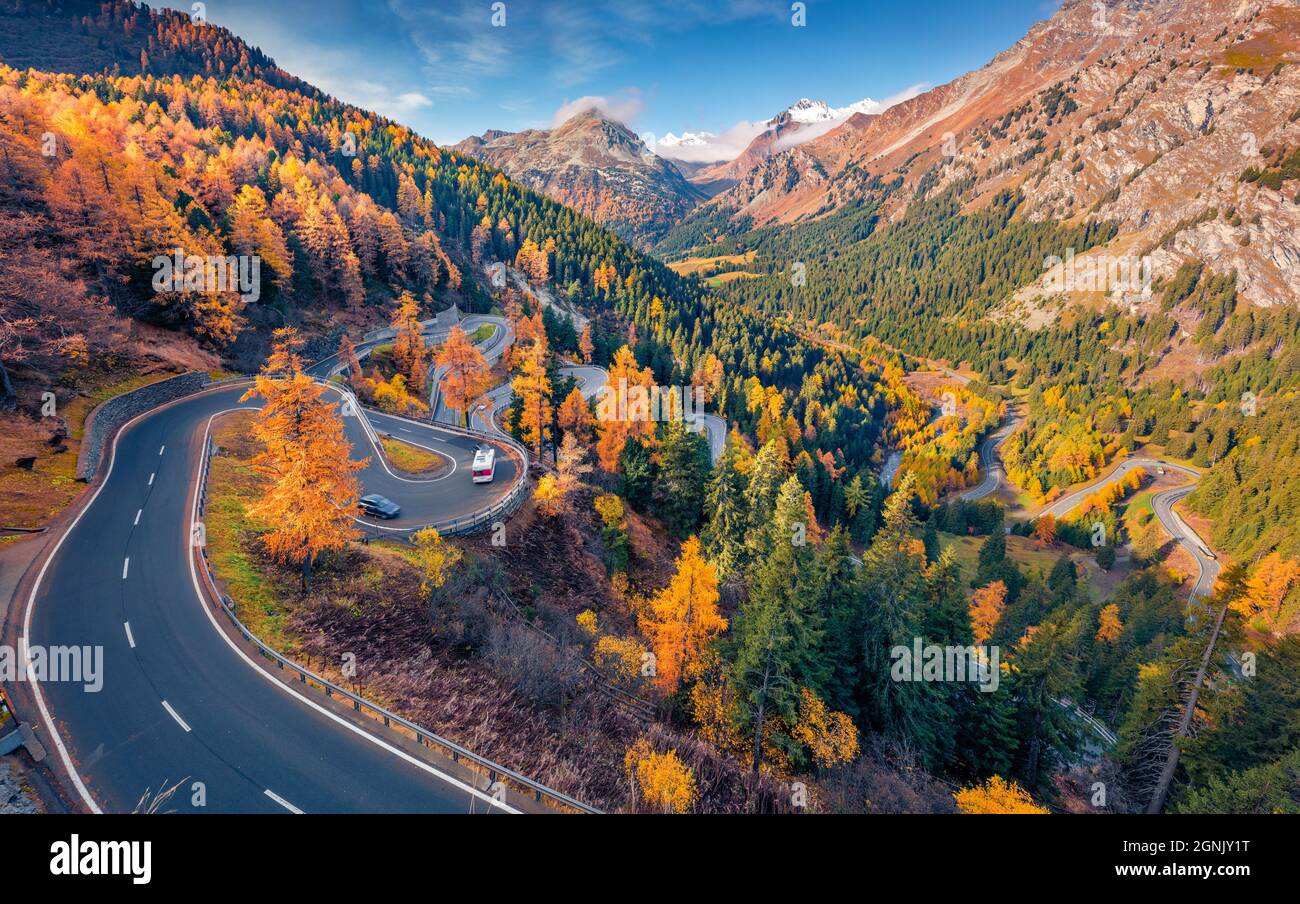 Aerial landscape photography. Colorful autumn scene of Maloja pass,  Switzerland, Europe. Picturesque morning view from flying drone of Swass  Alps. Tra Stock Photo - Alamy