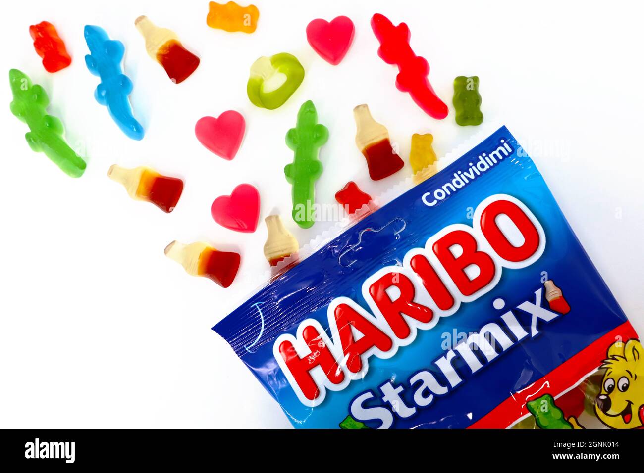 Haribo Candies package on white background. Haribo is a German Confectionery Company Stock Photo