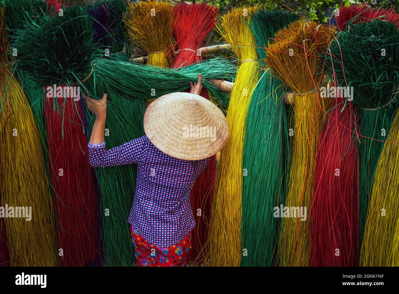 Back side of Vietnamese female craftsman drying traditional vietnam mats in the old traditional village at dinh yen, dong thap, vietnam, tradition art Stock Photo