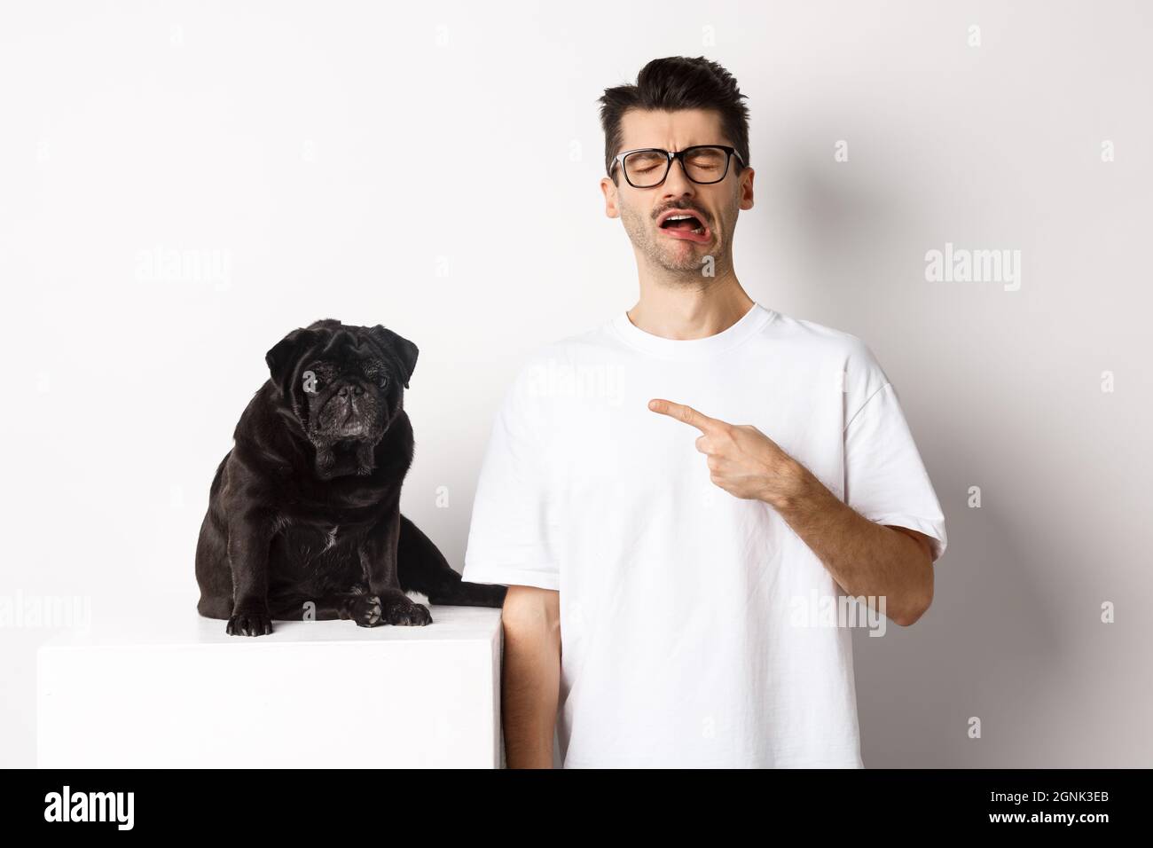 Upset crying man pointing at cute black pug and sobbing, complaining on his pet, standing sad against white background Stock Photo