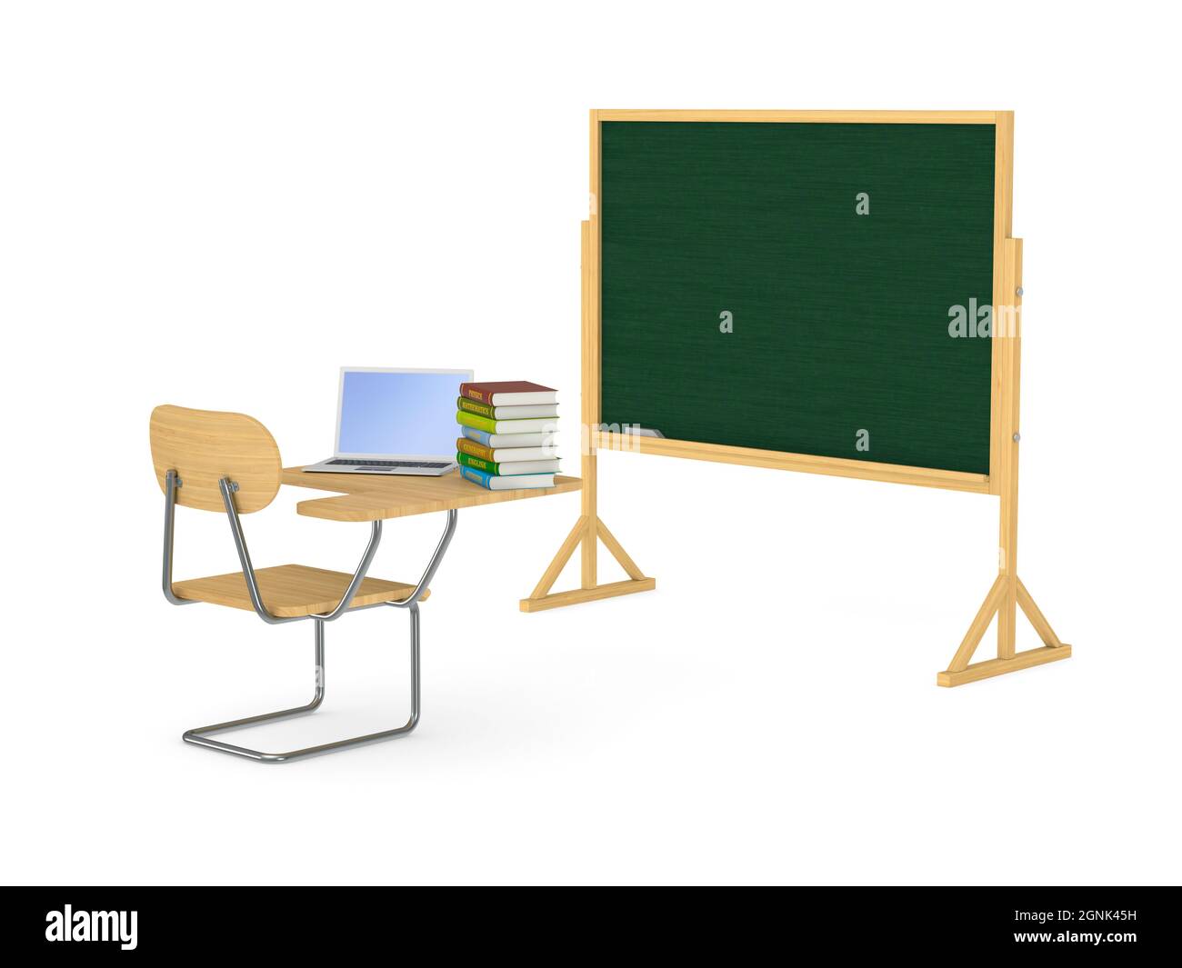 School desk, pile books and laptop on white background. Isolated 3D illustration Stock Photo