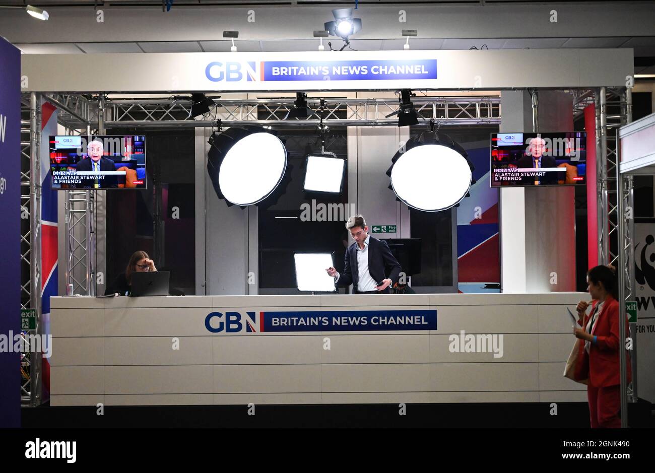 Brighton UK 26th September 2021 -  The GB News Channel television stand at the Labour Party Conference being held in the Brighton Centre  : Credit Simon Dack / Alamy Live News Stock Photo