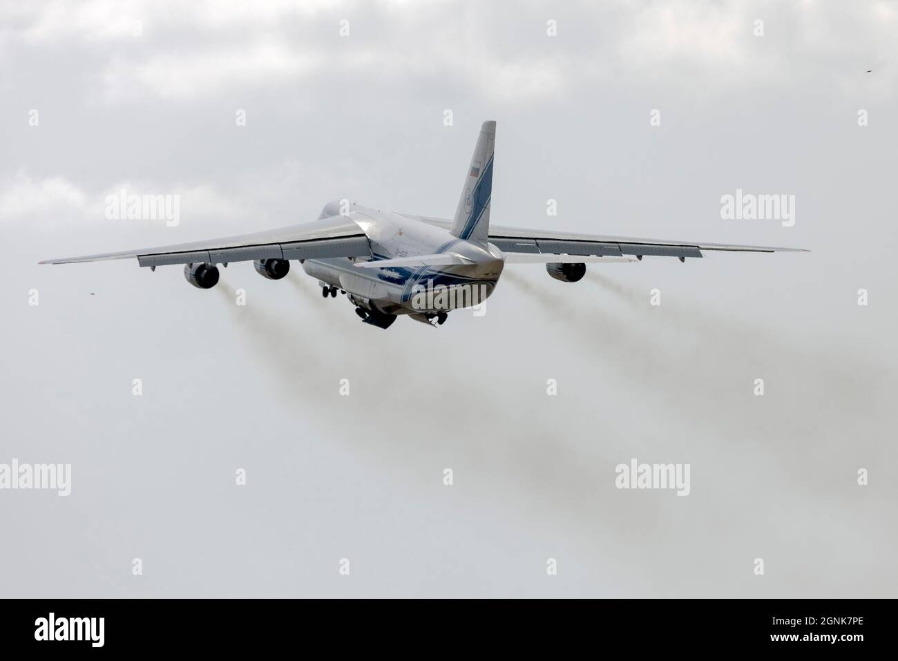Volga-Dnepr Airlines Antonov An-124-100 Ruslan (REG: RA-82079) lifting off slowly from runway 13. Stock Photo