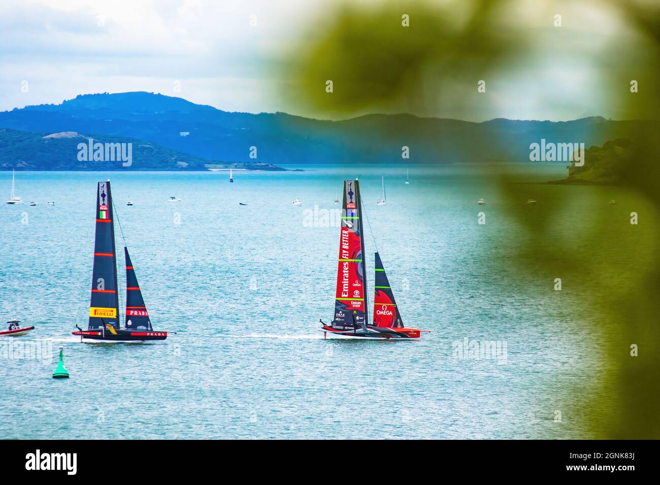 AUCKLAND, NEW ZEALAND - Mar 16, 2021: A scenic view Luna Rossa and Emirates Teamduring 36th Americas Cup in Auckland, New Zealand Stock Photo