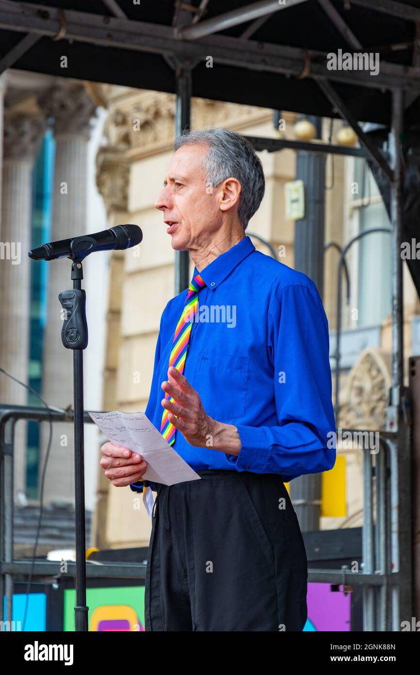 Peter Tatchell gay civil rights campaigner founder of Stonewall addresses the crowd with a speech at Birmingham Pride Saturday 25th September 2021 Stock Photo