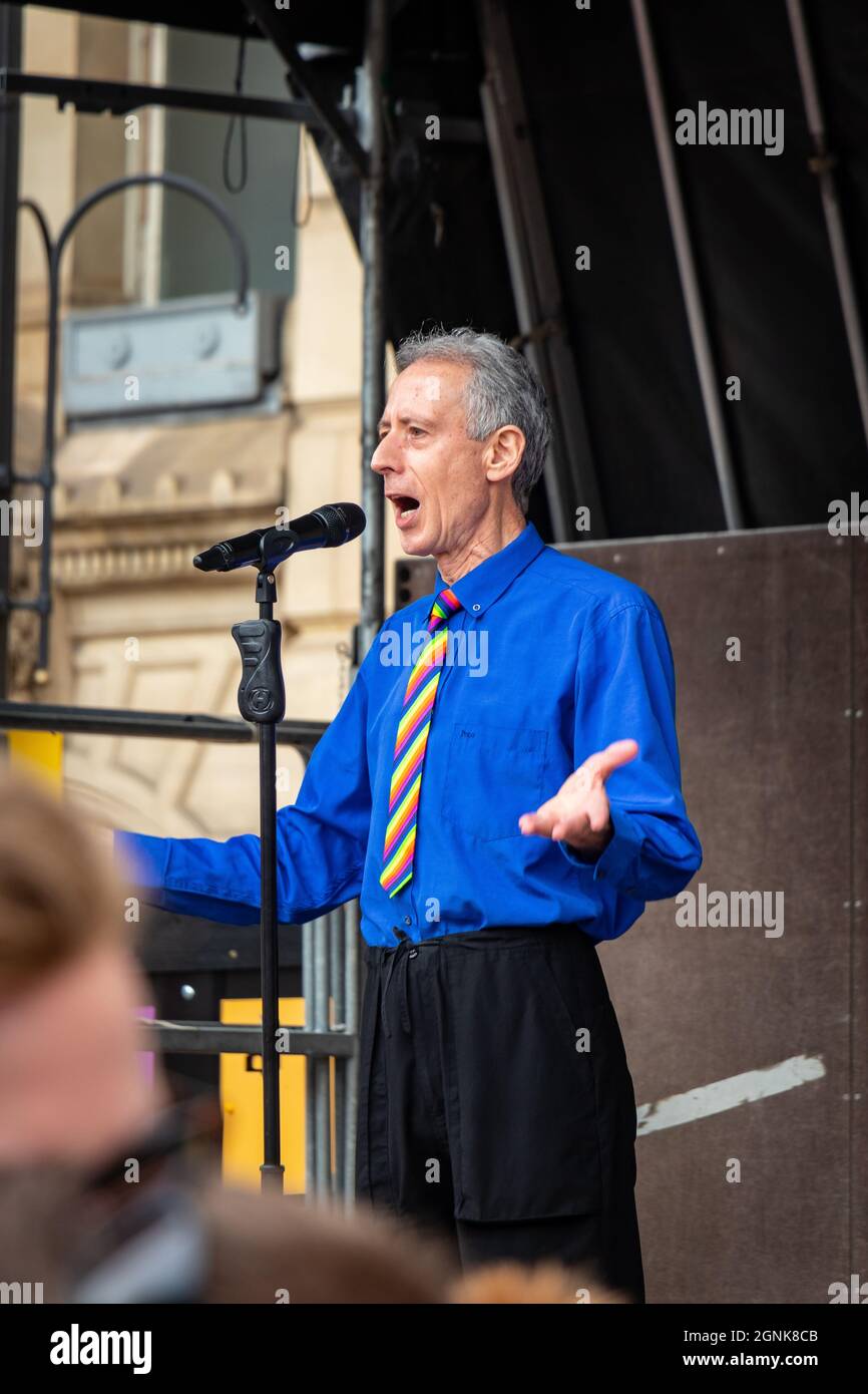 Peter Tatchell gay civil rights campaigner founder of Stonewall addresses the crowd with a speech at Birmingham Pride Saturday 25th September 2021 Stock Photo
