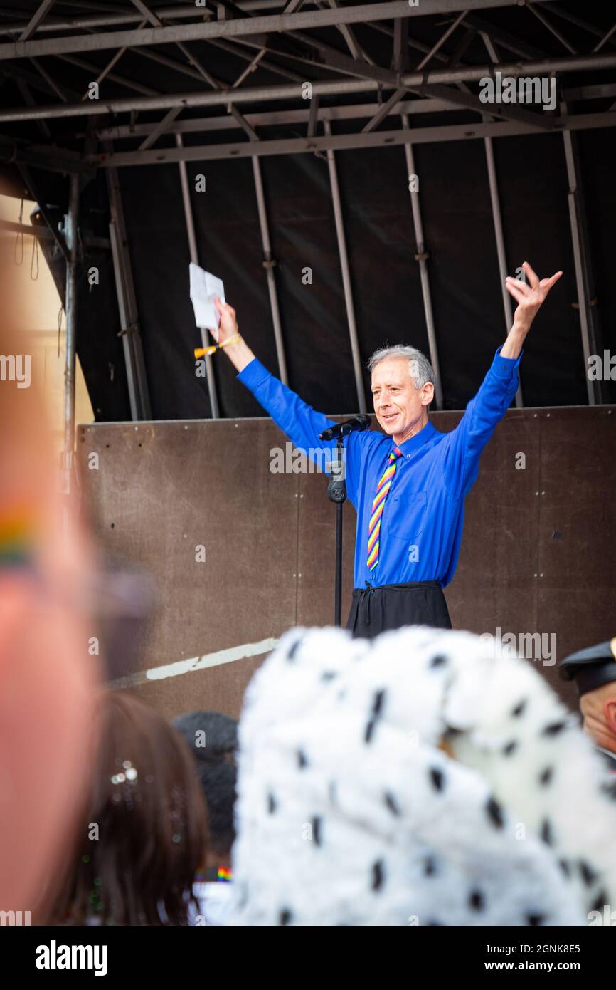 Peter Tatchell gay civil rights campaigner founder of Stonewall raises arms with a speech at Birmingham Pride Saturday 25th September 2021 Stock Photo