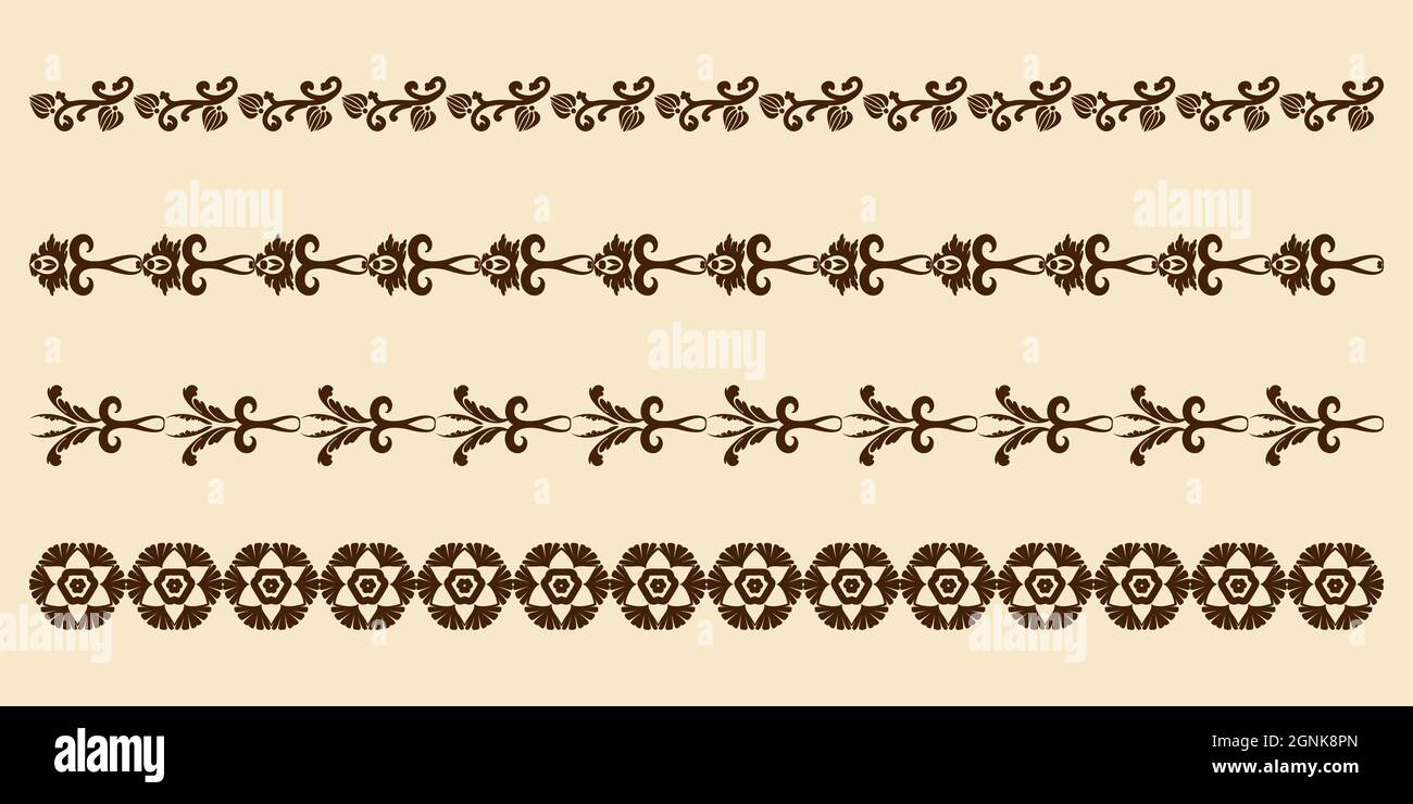 Vector set of ornaments borders in vintage style. Patterned lace frames for design. Brown and beige. Damask patterns. Computer graphics. Stock Vector