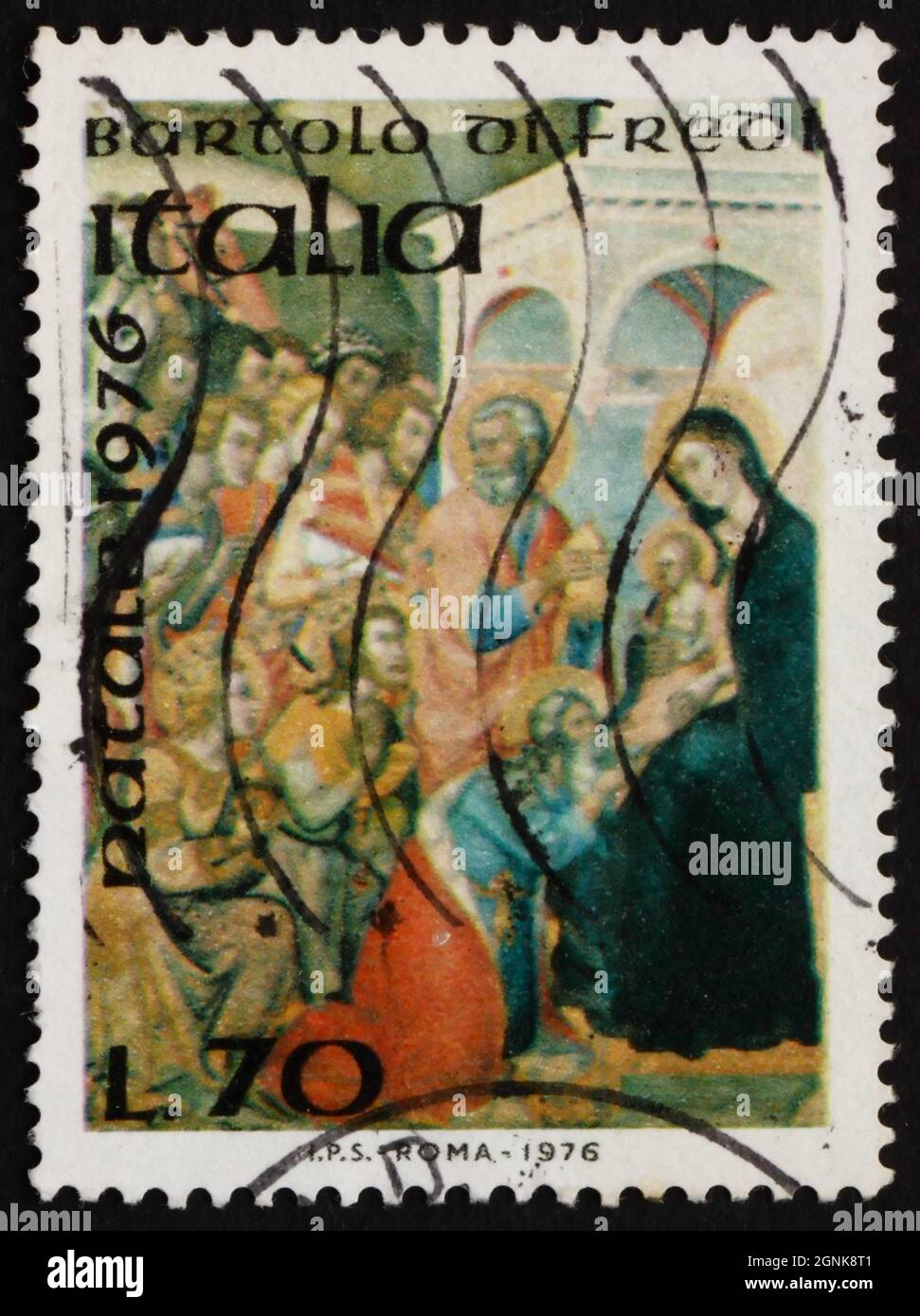 ITALY - CIRCA 1976: a stamp printed in Italy shows Adoration of the Kings, Painting by Bartolo di Fredi, Italian Painter, Christmas, circa 1976 Stock Photo