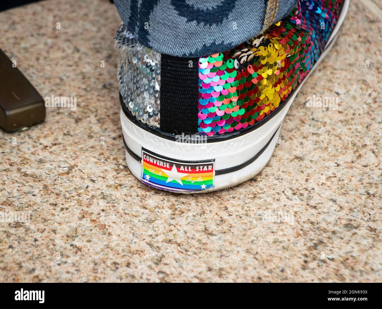close up of sequins and rainbow flag on 
