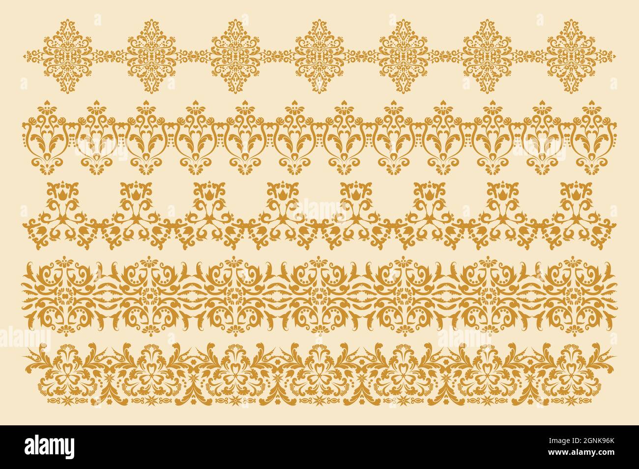 A set of five decorative borders. Damascus frames in old style. Vector design element. Computer graphics. Stock Vector