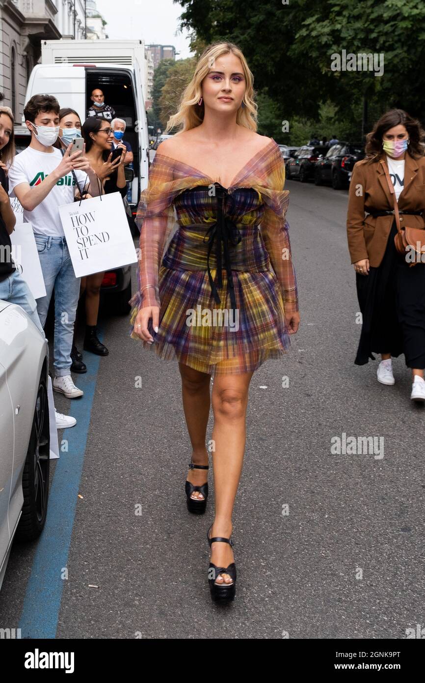 The Italian influencer Valentina Ferragni, sister of the more famous Chiara  Ferragni, arrives in the location where the Philosophy brand show took  place, during the Milan Fashion Week in September 2021. (Photo