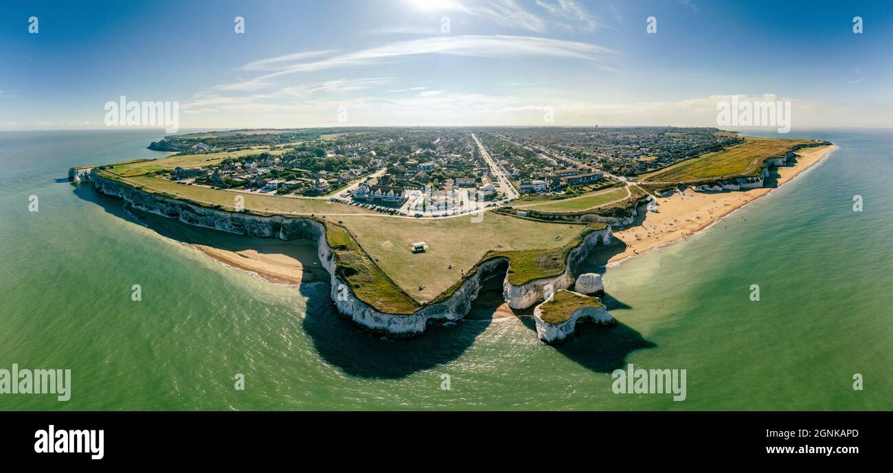 Drone aerial view of the beach and white cliffs, Botany Bay, England