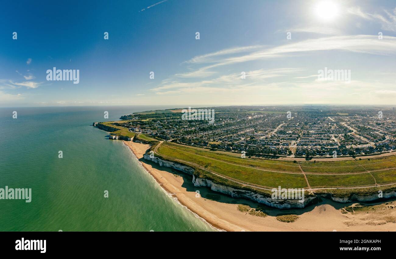 Drone aerial view of the beach and white cliffs, Botany Bay, England