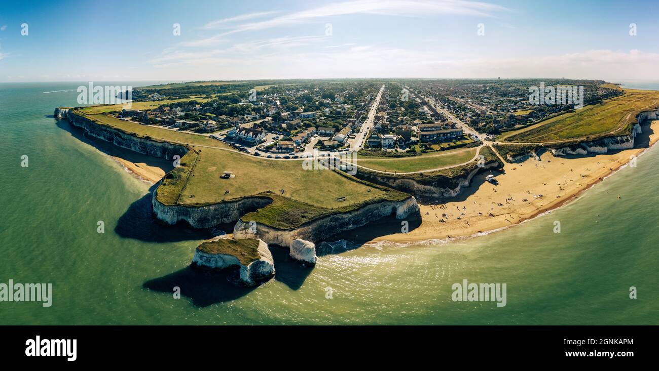 Drone aerial view of the beach and white cliffs, Botany Bay, England