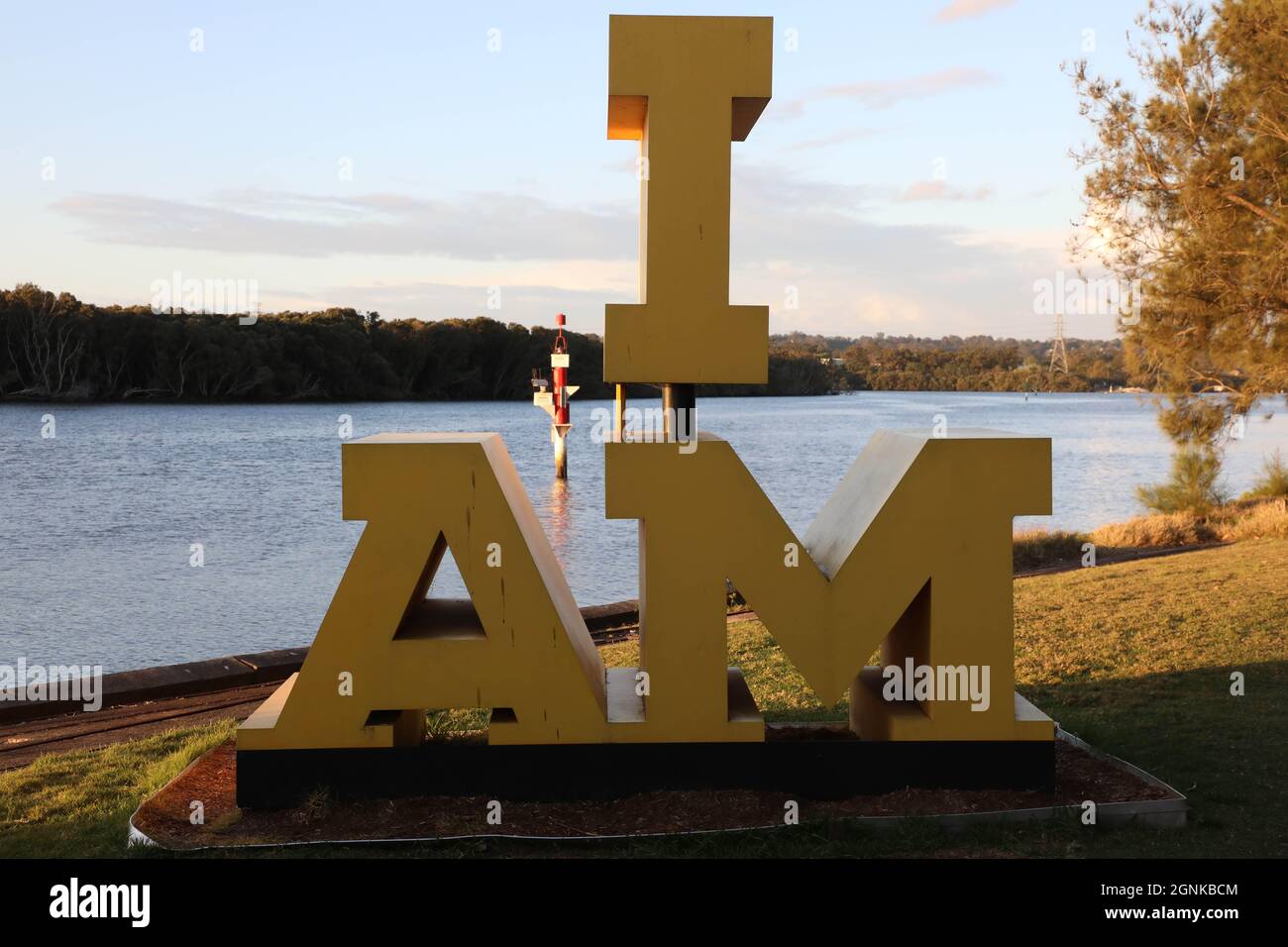 I am spelt out in giant letters next to River Walk, Newington Armory, Sydney Olympic Park NSW 2127 Stock Photo