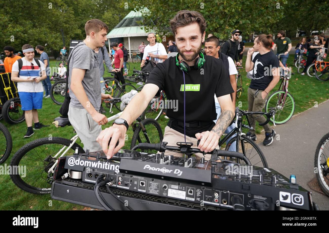 DJ Dom Whiting plays music on his bike as he cycles through Hyde Park in  London. Picture date: Sunday September 26, 2021 Stock Photo - Alamy