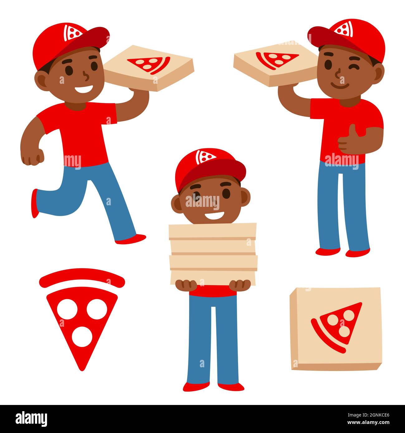 Cute cartoon Black pizza delivery boy holding pizza boxes with pizzeria logo. Simple flat vector character illustration. Stock Vector