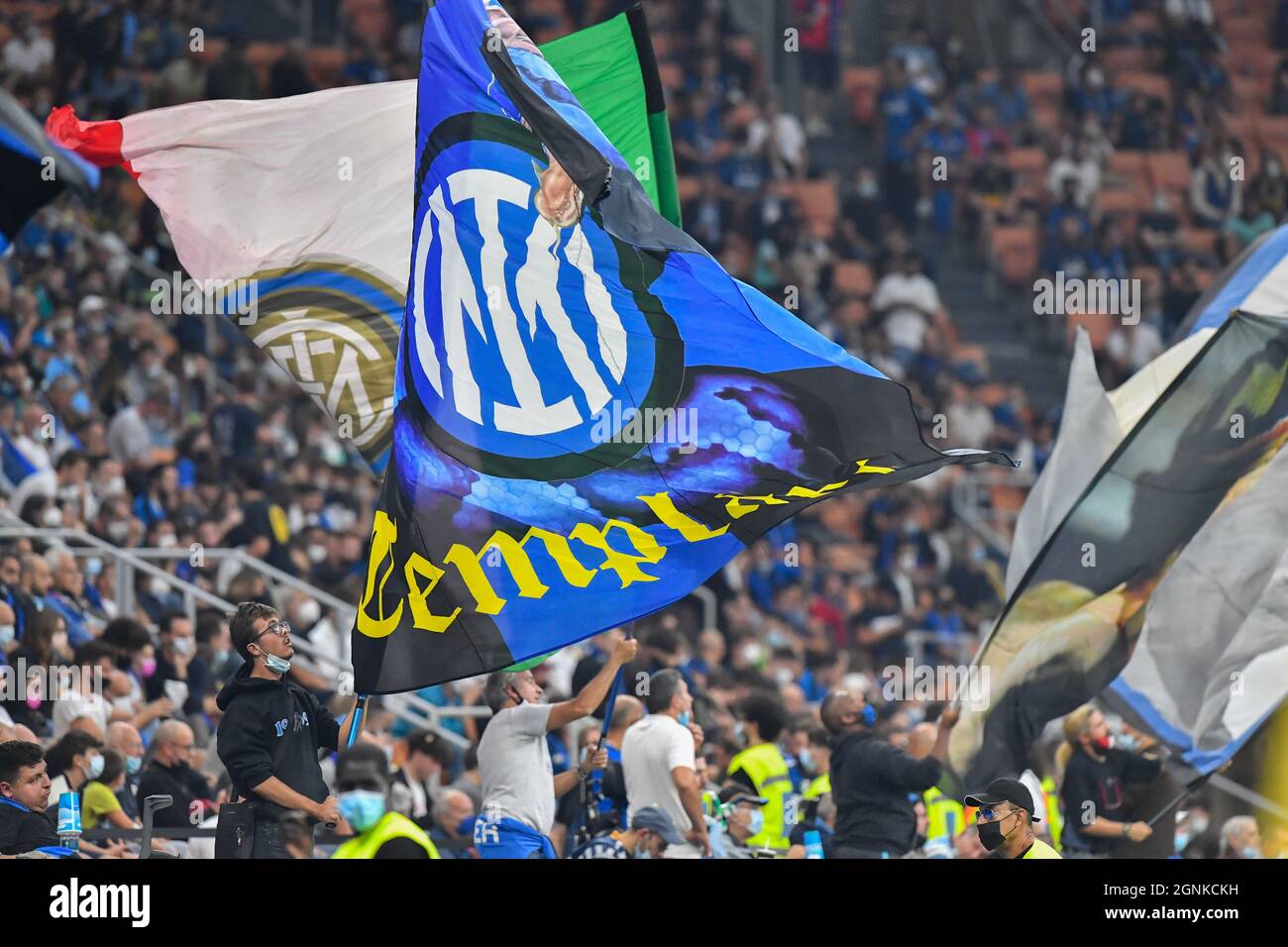 MILAN, ITALY, 25 SEPTEMBER, 2021: Fans of Internazionale during the Serie A match between FC Internazionale and Atalanta BC at Giuseppe Meazza stadium. Credit: Tommaso Fimiano/Medialys Images/Alamy Live News Stock Photo