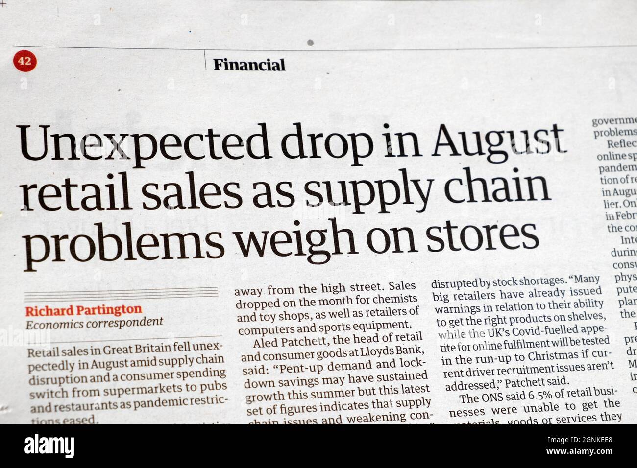 Unexpected Drop In August Retail Sales As Supply Chain Problems Weigh On Stores Guardian Newspaper Headline Financial Article 18 September 21 Uk Stock Photo Alamy