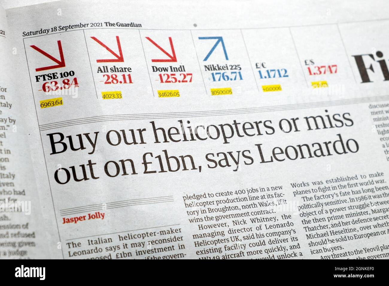 'Buy our helicopters or miss out on £1bn, says Leonardo' in Guardian Financial newspaper headline article18 September 2021 London UK Stock Photo