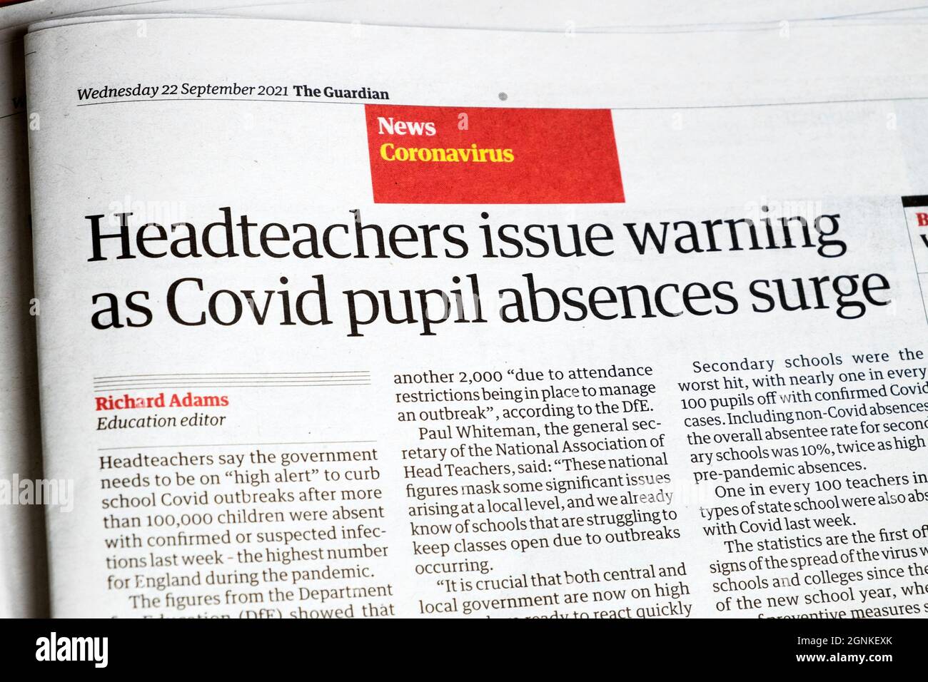 Coronavirus news 'Headteachers issue warning as Covid pupil absences surge' Guardian newspaper headline pandemic article 22 September 2021 London UK Stock Photo