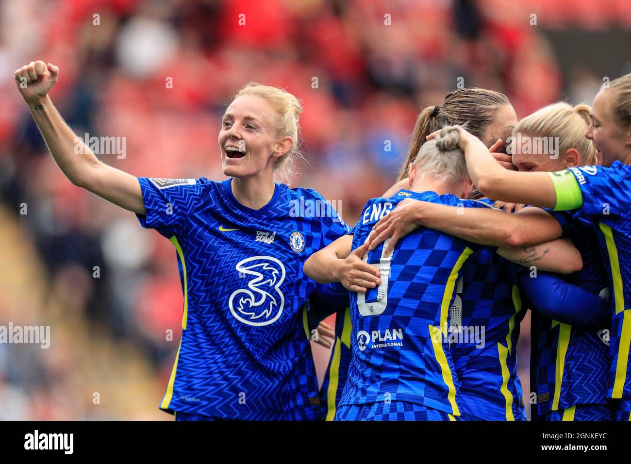 Sophie Ingle (5) of Chelsea F.C Women celebrates the fifth goal for her team scored by Drew Spence (24) of Chelsea F.C Women in Leigh, United Kingdom on 9/26/2021. (Photo by James Heaton/News Images/Sipa USA) Stock Photo