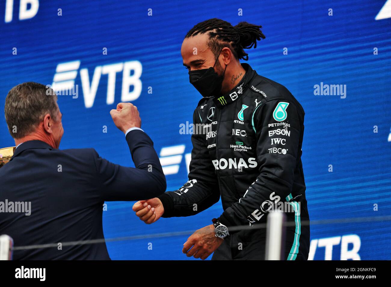 Sochi, Russia. 26th Sep, 2021. Race winner Lewis Hamilton (GBR) Mercedes AMG F1 celebrates on the podium with Dmitry Kozak (RUS) Former Deputy Chairman of the Government of the Russian Federation. Russian Grand Prix, Sunday 26th September 2021. Sochi Autodrom, Sochi, Russia. Credit: James Moy/Alamy Live News Stock Photo