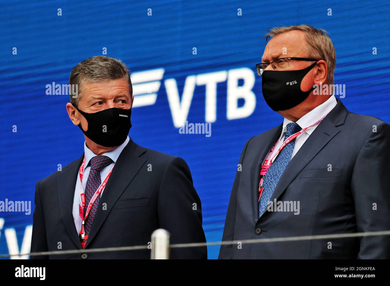 Sochi, Russia. 26th Sep, 2021. Dmitry Kozak (RUS) Former Deputy Chairman of the Government of the Russian Federation (Left) on the podium. Russian Grand Prix, Sunday 26th September 2021. Sochi Autodrom, Sochi, Russia. Credit: James Moy/Alamy Live News Stock Photo