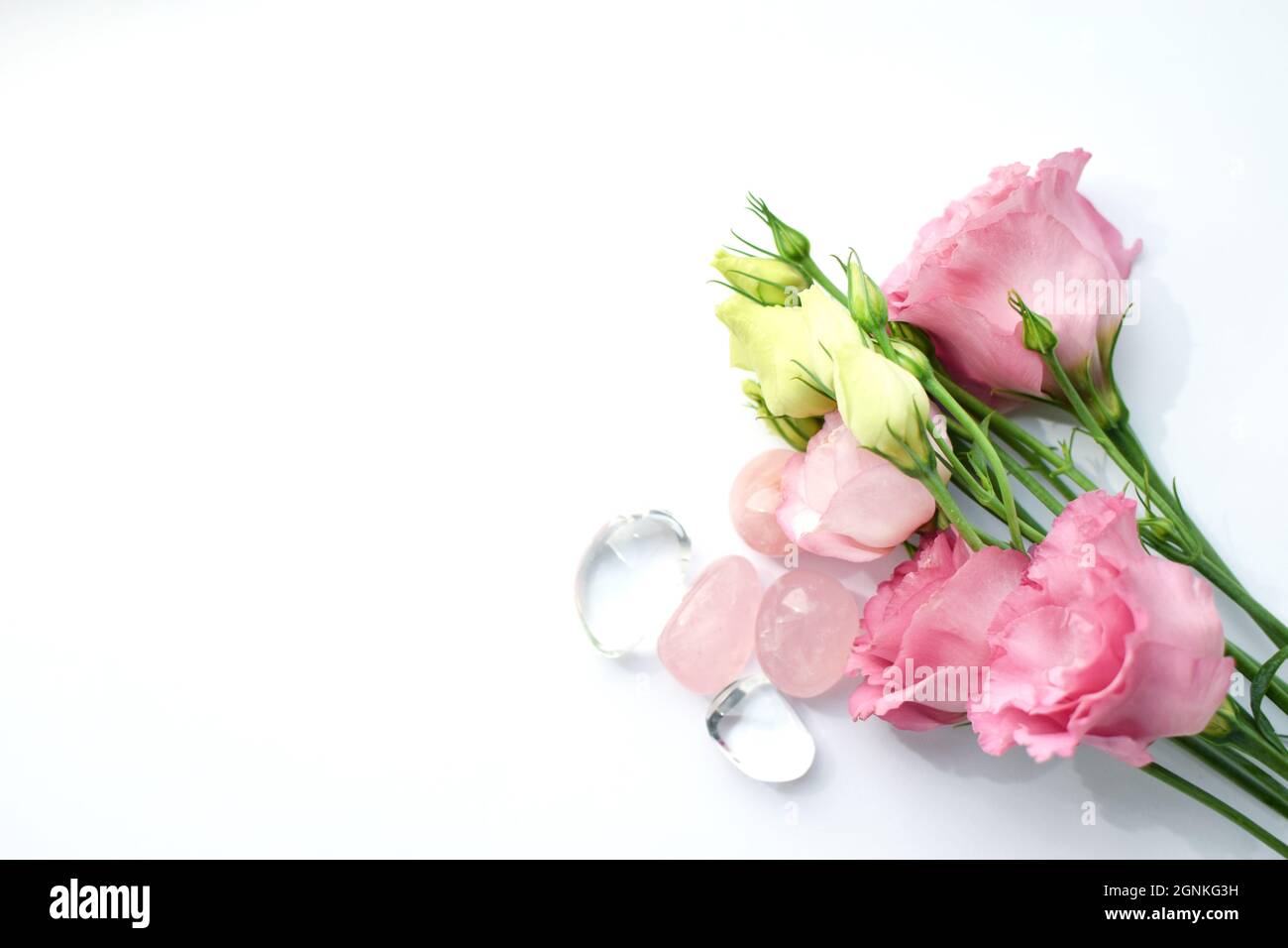 Beautiful pink eustoma (lisianthus) flowers in full bloom with rose quartz and rock crystal. Bouquet of flowers on a white background Stock Photo