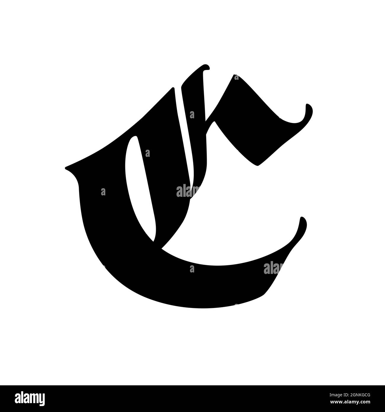 Letter C in the Gothic style. Vector. Alphabet. The symbol is isolated on a white background. Calligraphy and lettering. Medieval Latin letter. Logo f Stock Vector