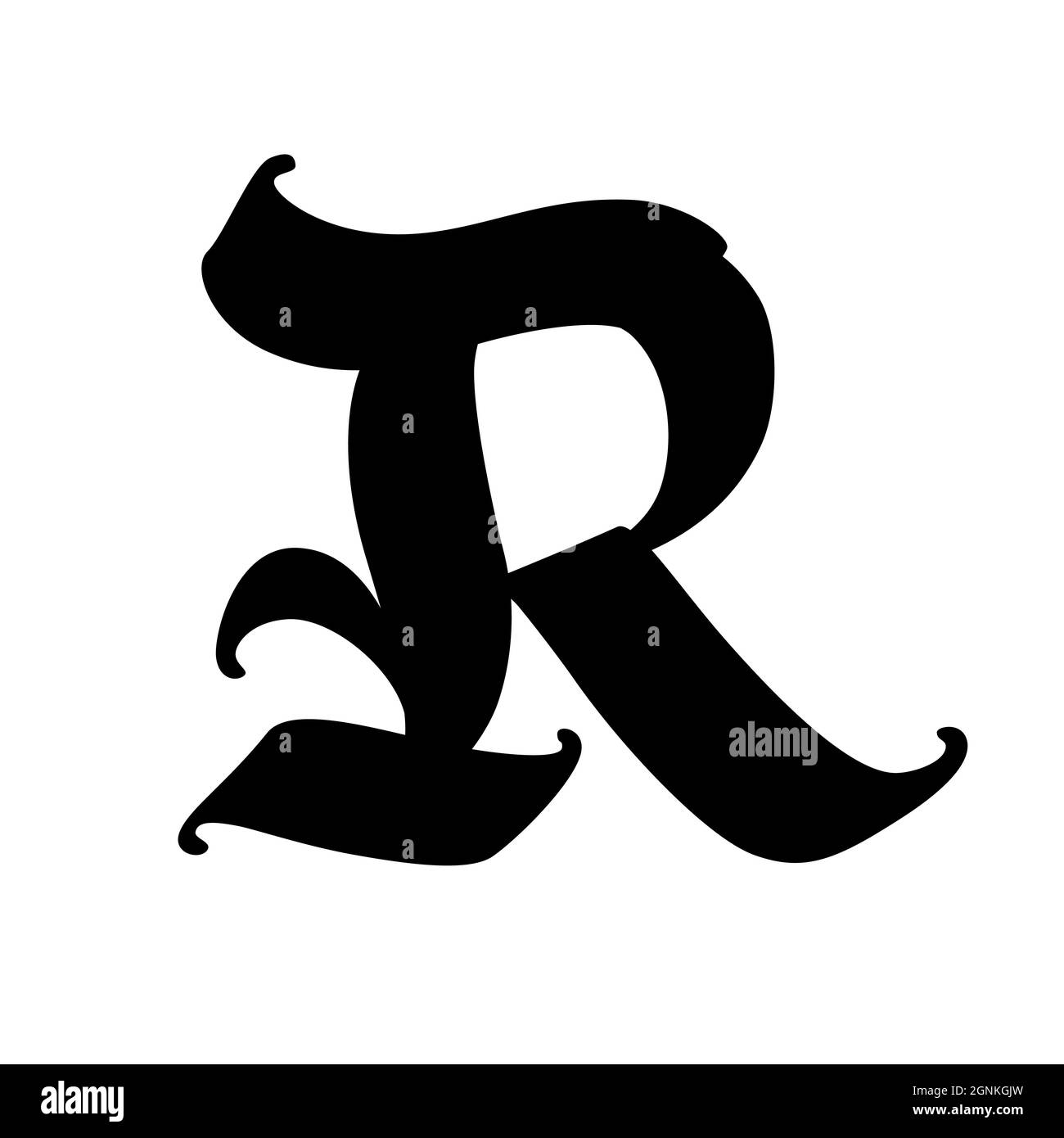 Letter R in the Gothic style. Vector. Alphabet. The symbol is isolated on a white background. Calligraphy and lettering. Medieval Latin letter. Logo f Stock Vector