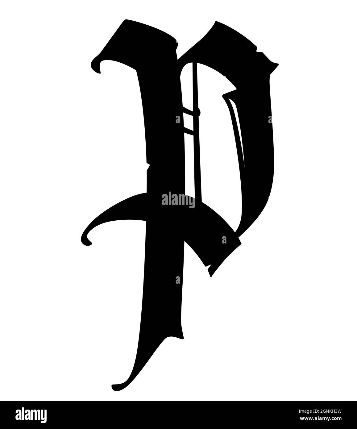 Letter P in the Gothic style. Vector. Alphabet. The symbol is isolated on a white background. Calligraphy and lettering. Medieval Latin letter. Logo f Stock Vector