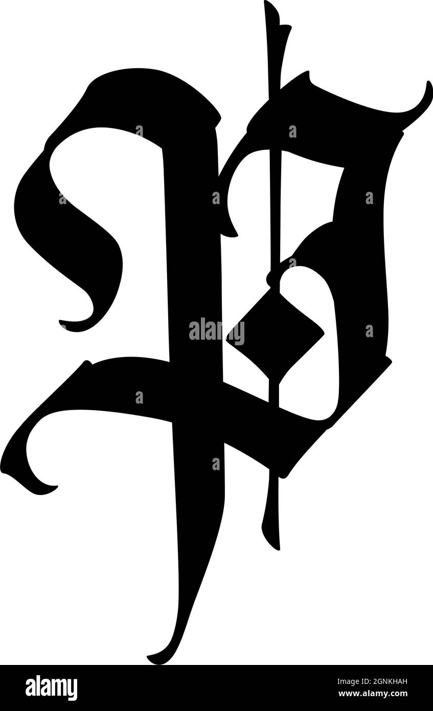 Letter P in the Gothic style. Vector. Alphabet. The symbol is isolated on a white background. Calligraphy and lettering. Medieval Latin letter. Logo f Stock Vector