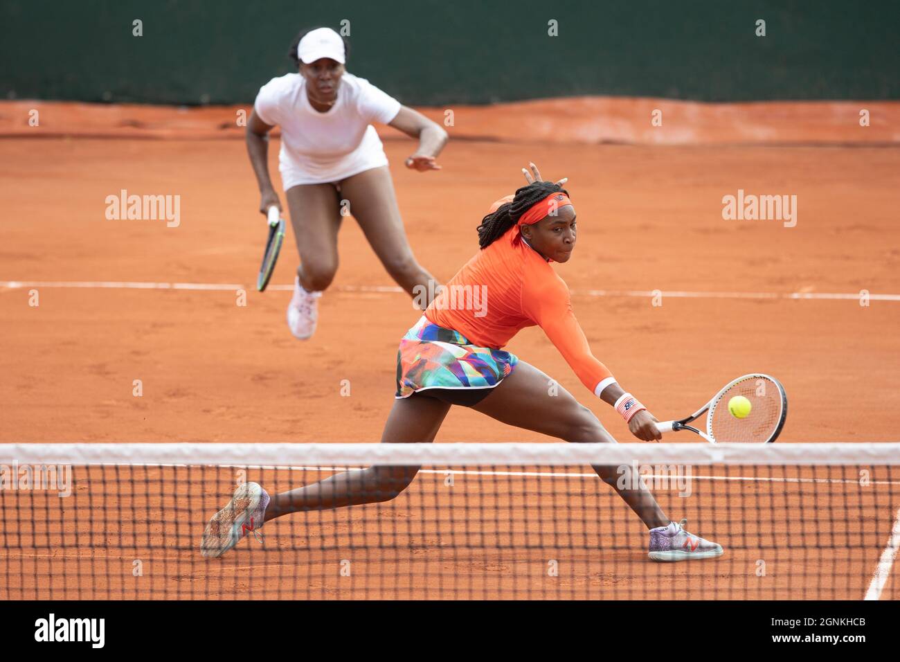 US tennis player Coco Gauff playing a backhand volley shot,French Open 2021 tennis tournament, Paris, France Stock Photo