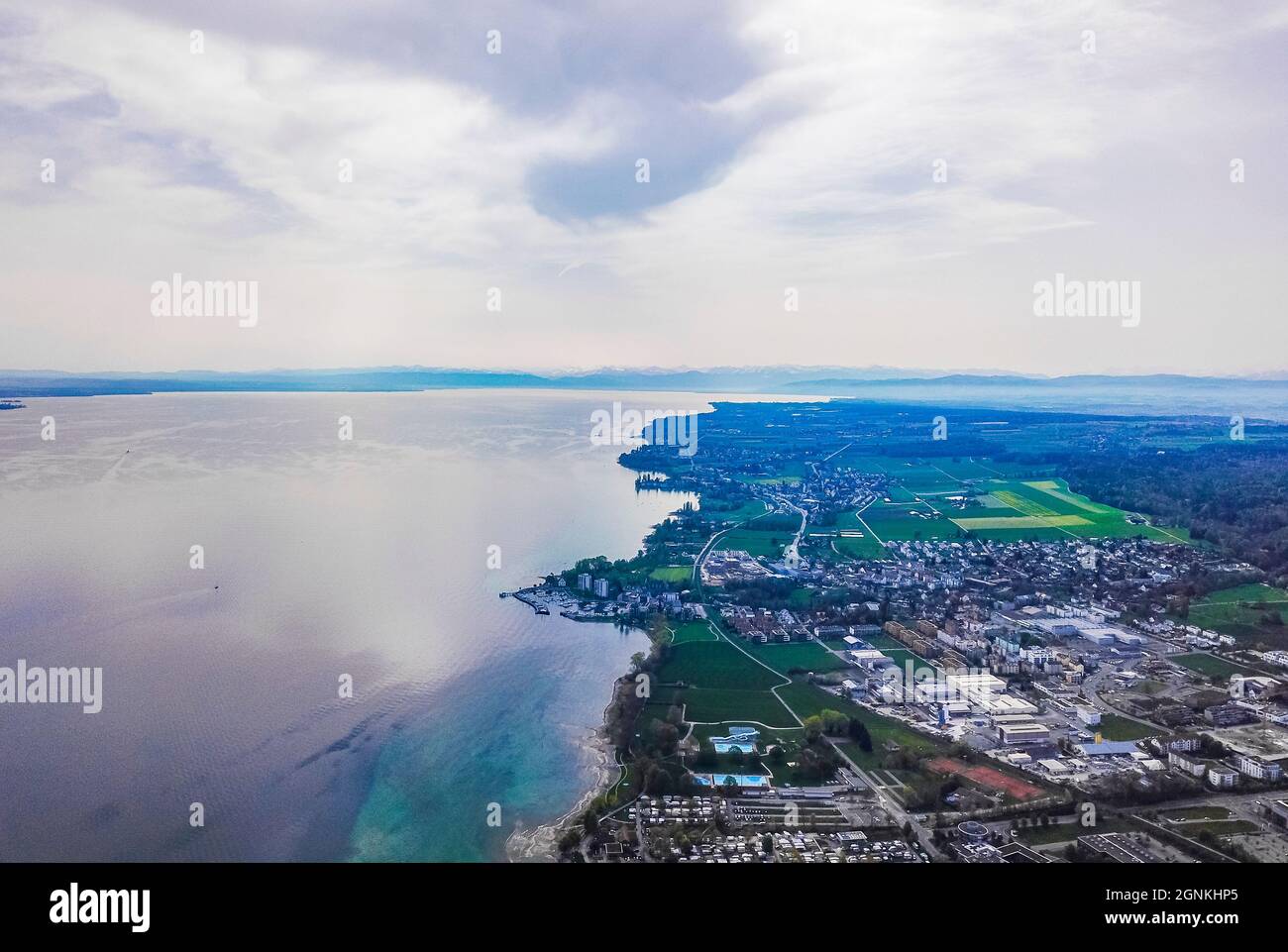 Drone landscape panorama from above of the Lake Constance Bodensee and ...