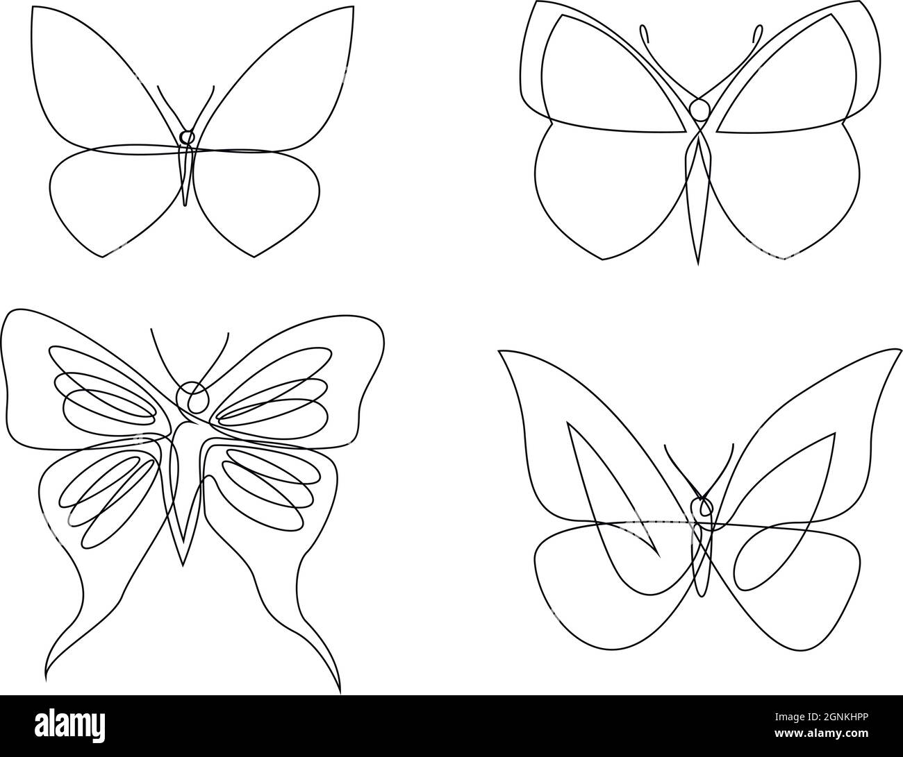 One line butterfly design silhouette set. Hand drawn minimalism style