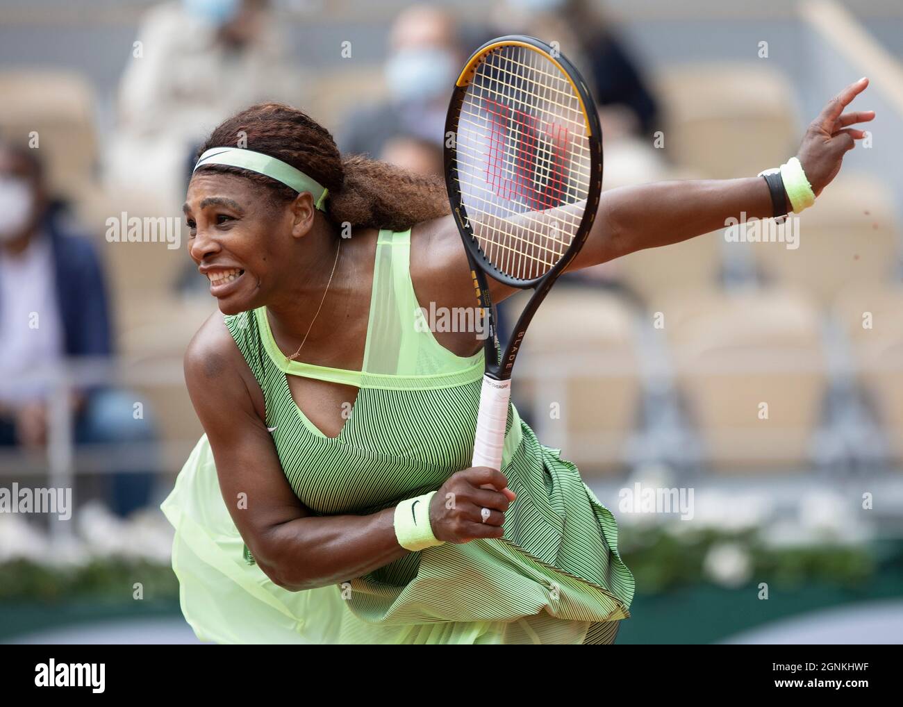 US tennis player Serena Williams (USA) playing a service shot, French Open 2021 tennis tournament, Paris, France. Stock Photo