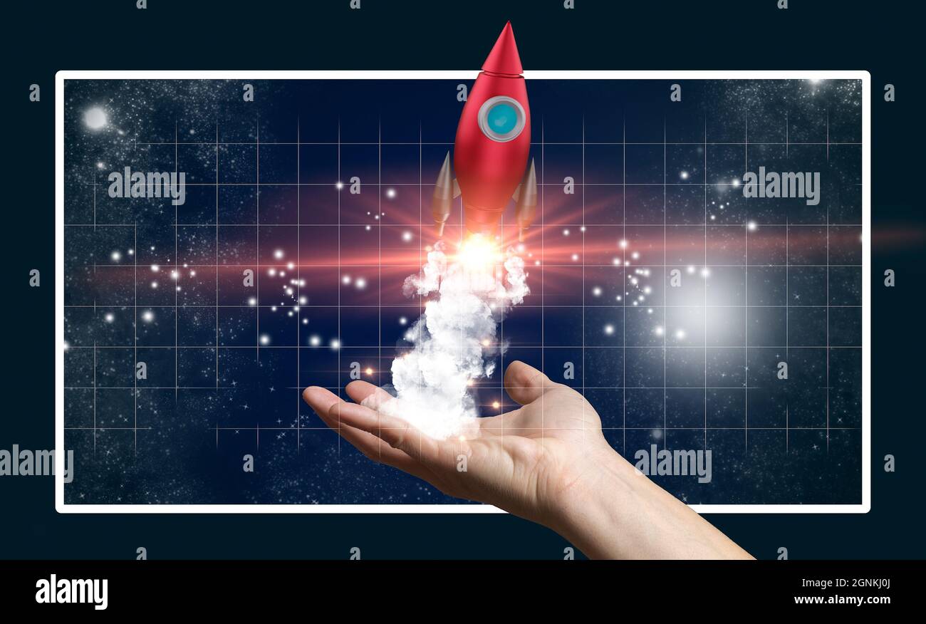 Woman's hand holding a rocket inside a 3D frame in startup cocept. 3D rendering. Mixed media Stock Photo